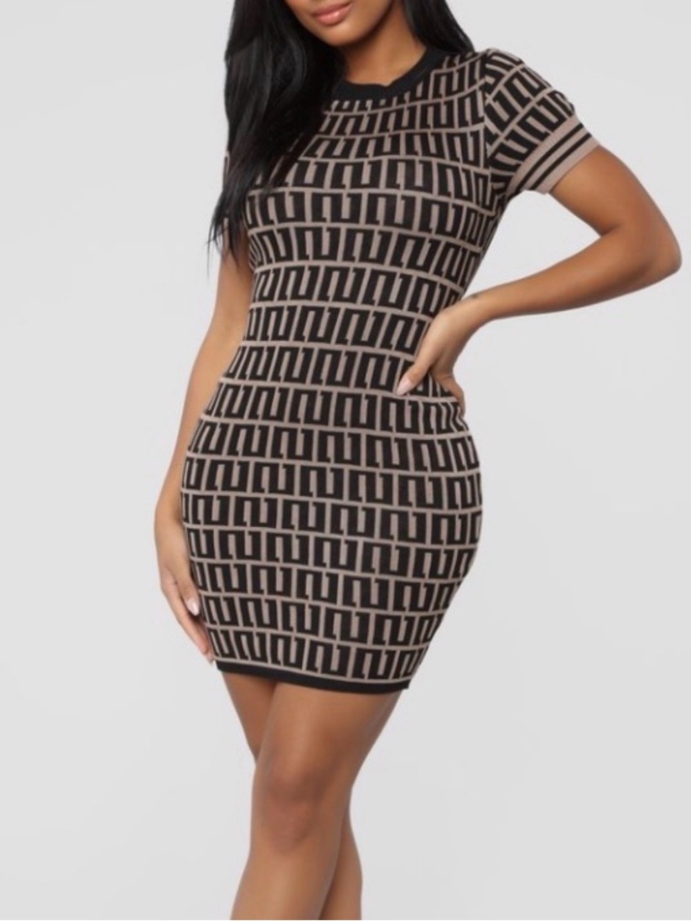 Fashion Nova Taupe and Black Geometric Bodycon Mini Dress